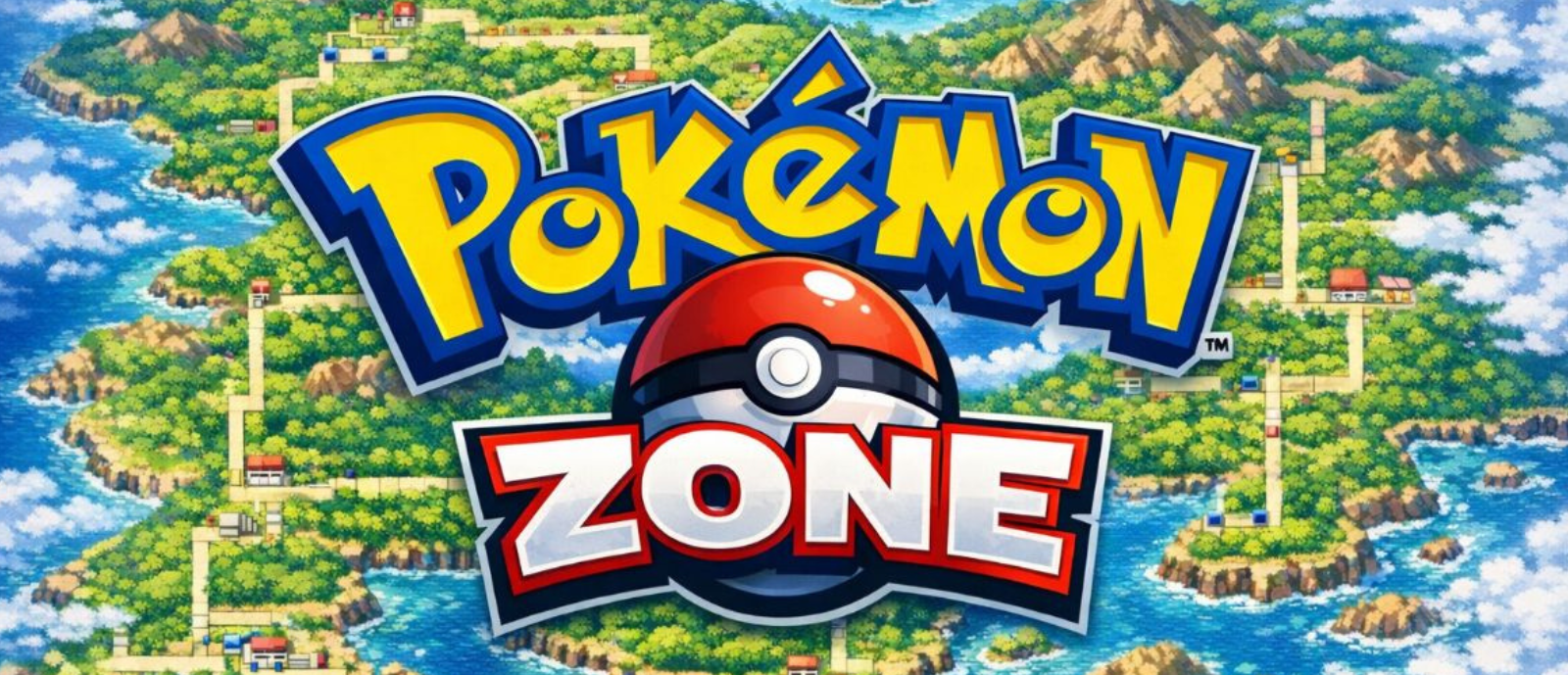 Logo de Pokémon Zone con fondo de mapa de islas - cartas pokémon.